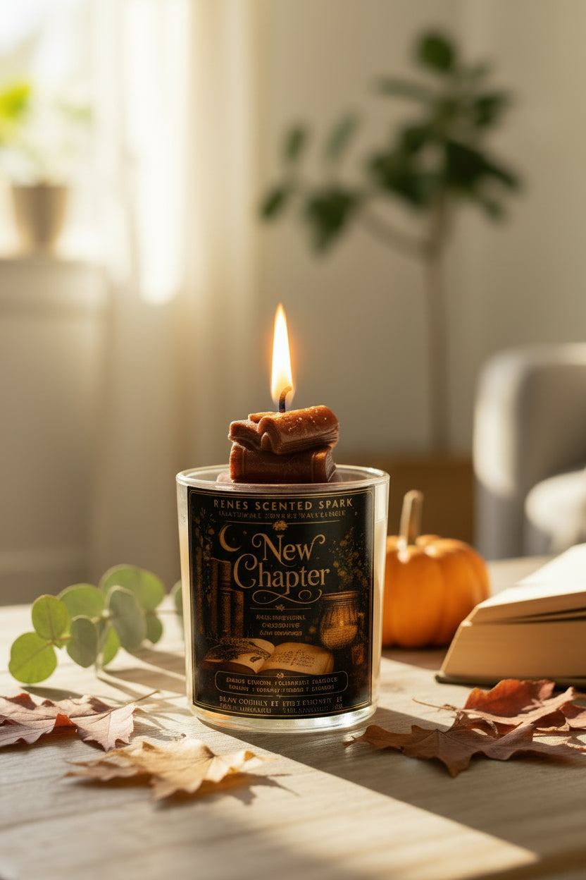 A 'New Chapter' scented spark candle in a clear glass jar, featuring a dark brown wax taper shaped like a book and pages, with a black and gold label.