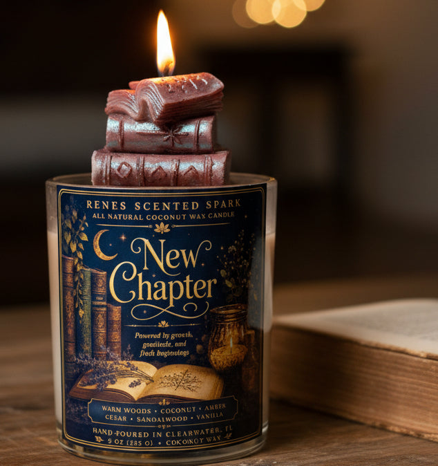 New Chapter coconut wax candle with a hand-sculpted stacked book wax topper burning beside an open book. Cozy book lover candle with warm woods, coconut, amber, cedar, sandalwood, and vanilla fragrance. Hand-poured in Clearwater, Florida.