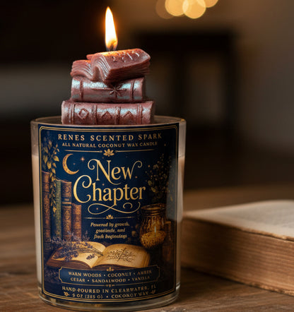 New Chapter coconut wax candle with a hand-sculpted stacked book wax topper burning beside an open book. Cozy book lover candle with warm woods, coconut, amber, cedar, sandalwood, and vanilla fragrance. Hand-poured in Clearwater, Florida.