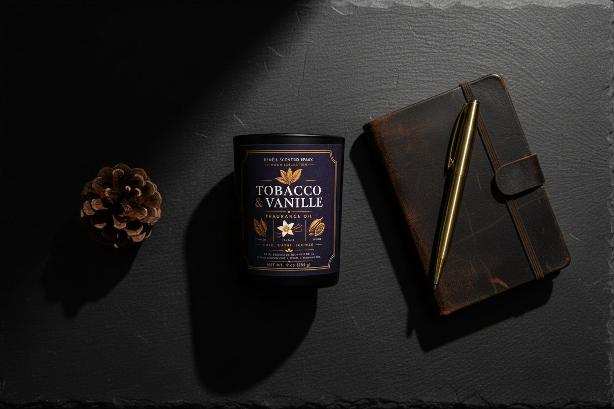 Tobacco & Vanille candle container on a wooden surface