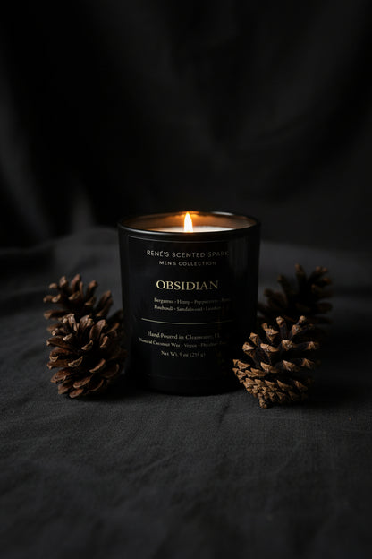 Obsidian scented candle with pinecones on a dark background