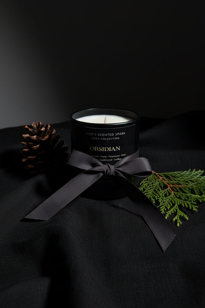 Black candle with a bow and decorative elements on a dark background