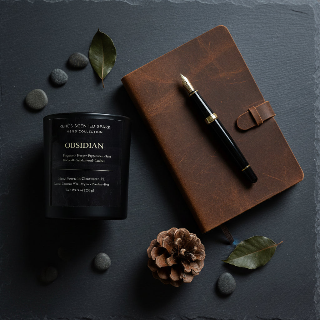 Brown leather notebook with a pen and a black candle labeled 'Obsidian' on a dark surface.