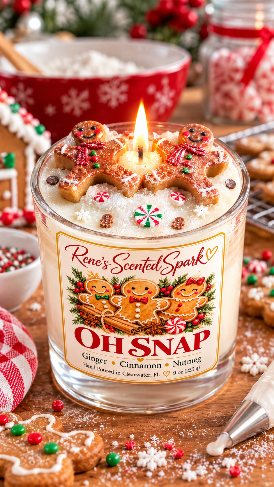 Oh Snap gingerbread candle surrounded by gingerbread cookies and holiday baking treats