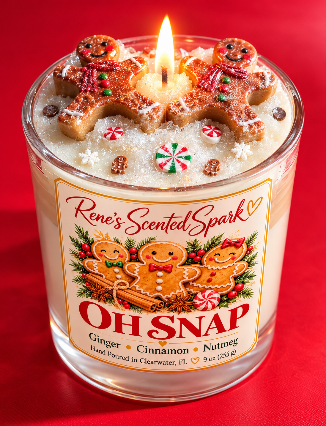 Lit Oh Snap gingerbread Christmas candle with two hand-sculpted gingerbread man toppers and peppermint candies on a red background
