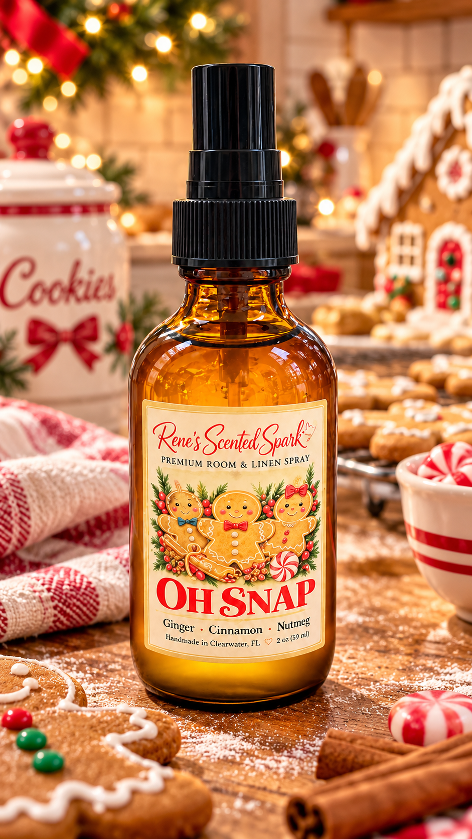 Oh Snap gingerbread room spray on a holiday table with gingerbread cookies, cinnamon sticks and a gingerbread house