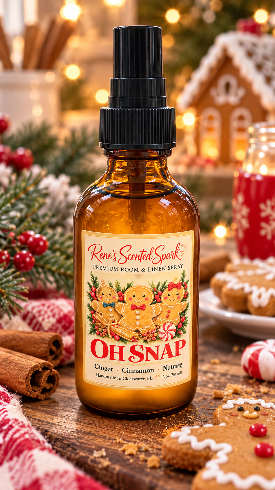 Oh Snap 2 oz ginger, cinnamon and nutmeg room spray in a cozy Christmas kitchen scene with gingerbread cookies and candy canes