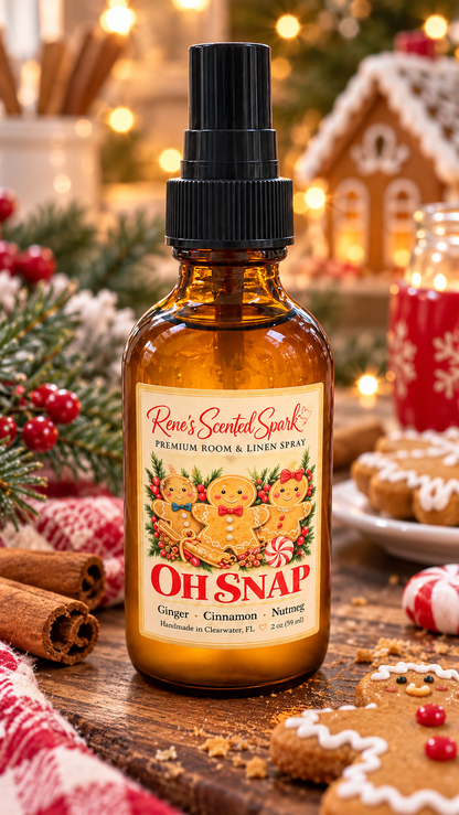 Oh Snap 2 oz ginger, cinnamon and nutmeg room spray in a cozy Christmas kitchen scene with gingerbread cookies and candy canes