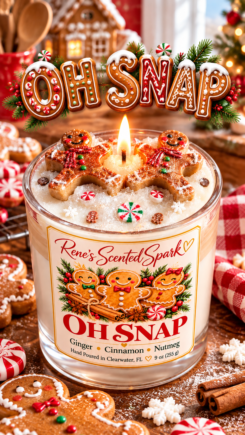 Gingerbread man topper candle, a festive Christmas gift for her hand-poured in Clearwater FL