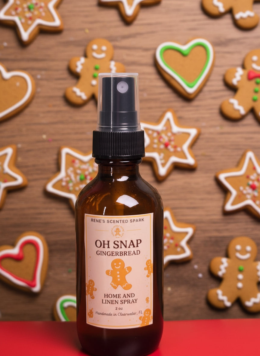 Gingerbread-themed home and linen spray bottle with gingerbread cookies background