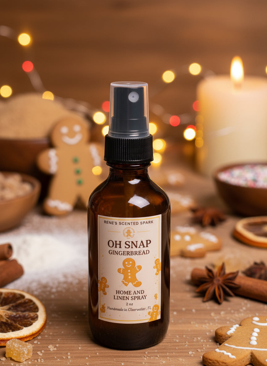 Gingerbread-themed home and linen spray bottle with gingerbread cookies and holiday spices