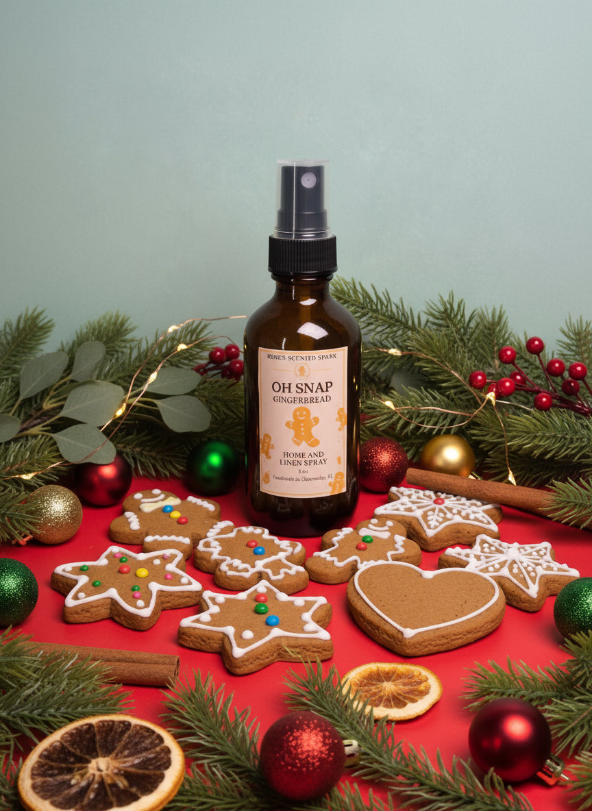 Bottle of 'OH SNAP' with Christmas-themed cookies and decorations on a red surface.