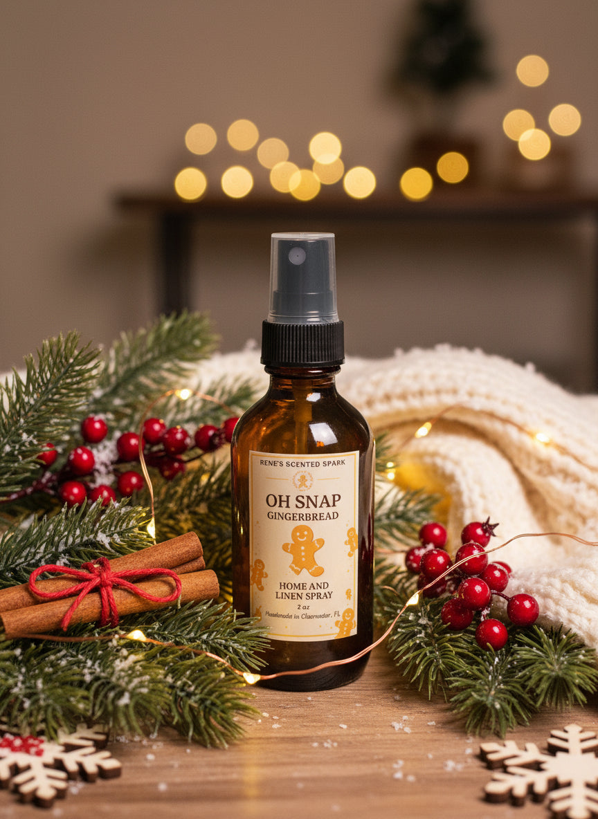 Gingerbread-themed home and linen spray bottle with festive decorations on a wooden surface.