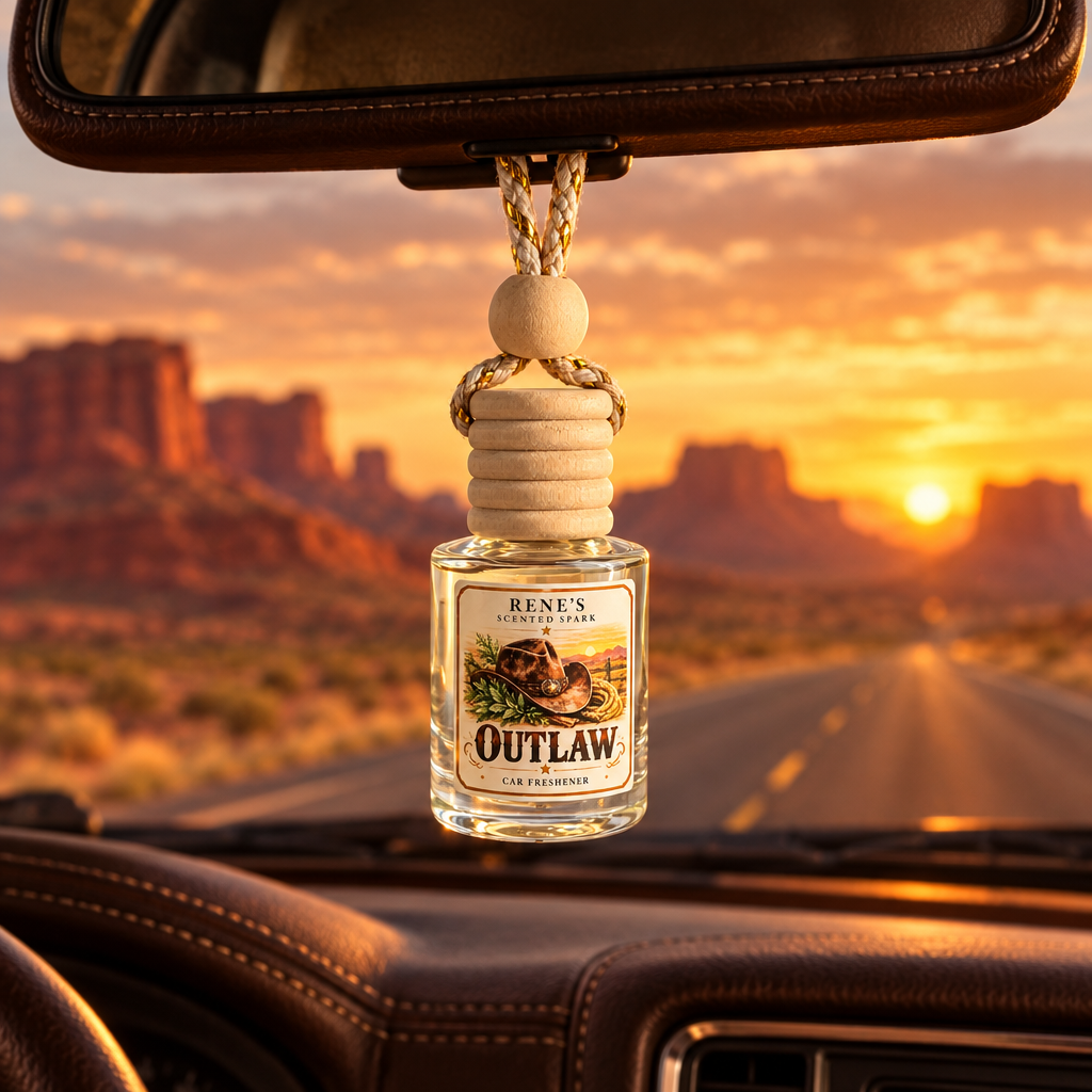 Outlaw car freshener hanging in a truck with a desert highway and red rock mesas at sunset outside