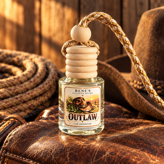 Outlaw leather and saffron car air freshener on a leather saddle with rope and rustic barn wood in warm golden light