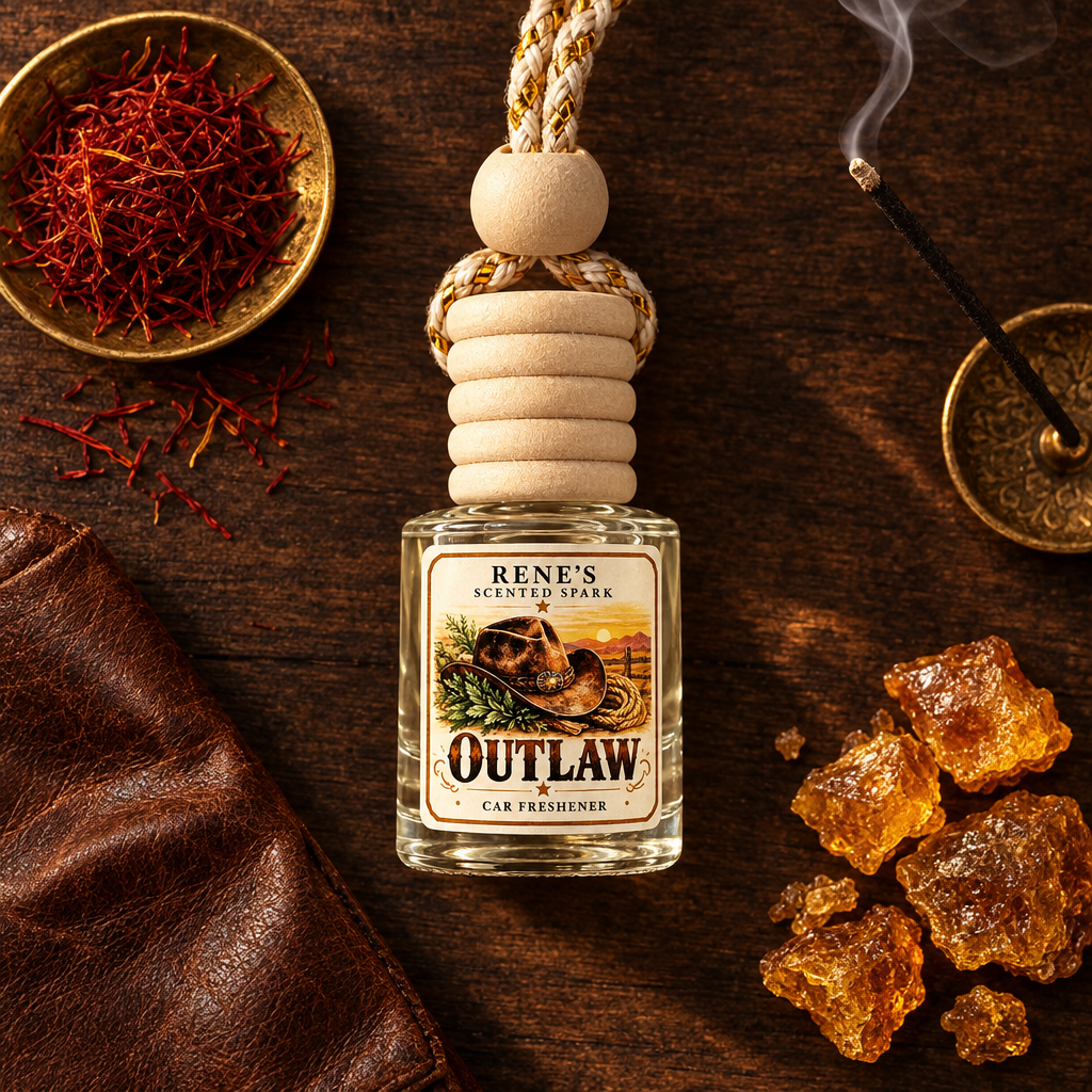 Outlaw car freshener with saffron threads, incense, brown leather and golden amber resin