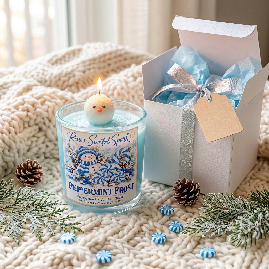 Peppermint Frost snowman candle with a white gift box, blue ribbon and pinecones, a Christmas gift for her