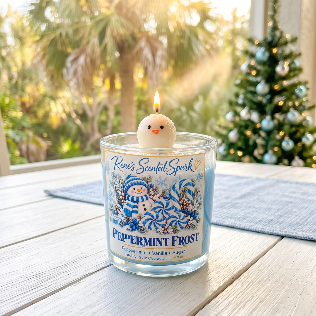 Peppermint Frost Christmas candle lit on a sunny Florida lanai with palm trees and a Christmas tree