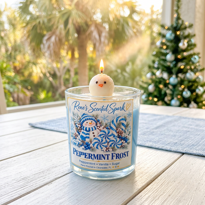 Peppermint Frost Christmas candle lit on a sunny Florida lanai with palm trees and a Christmas tree
