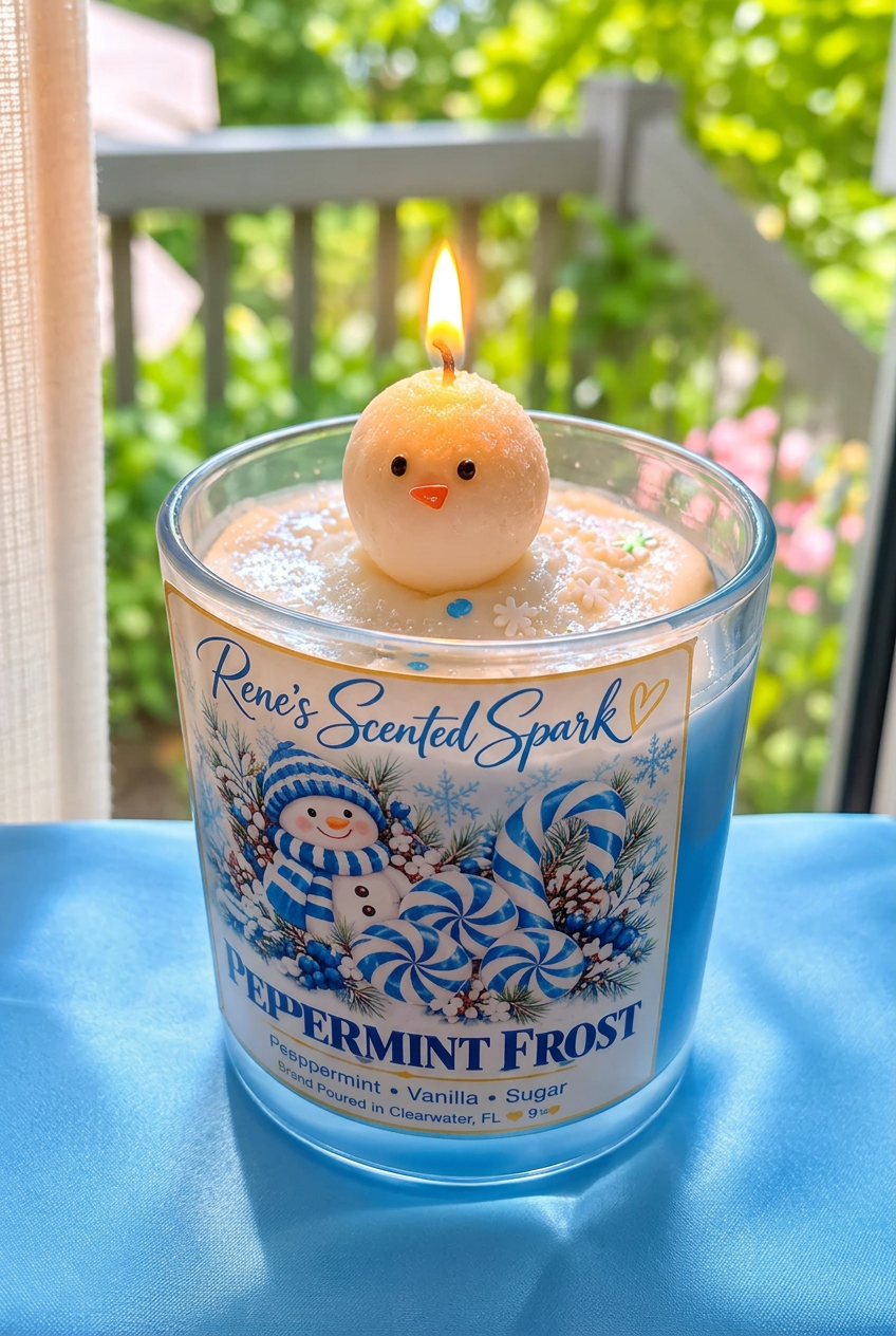 Peppermint Frost candle lit with melting snowman topper in a Florida backyard, hand-poured in Clearwater FL