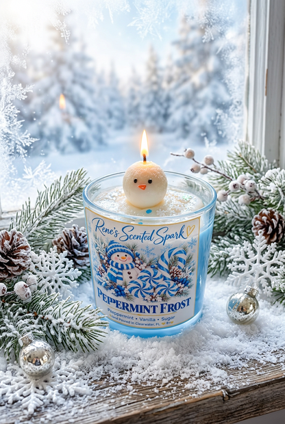 Peppermint Frost peppermint vanilla candle on a snowy windowsill with frosted pine branches