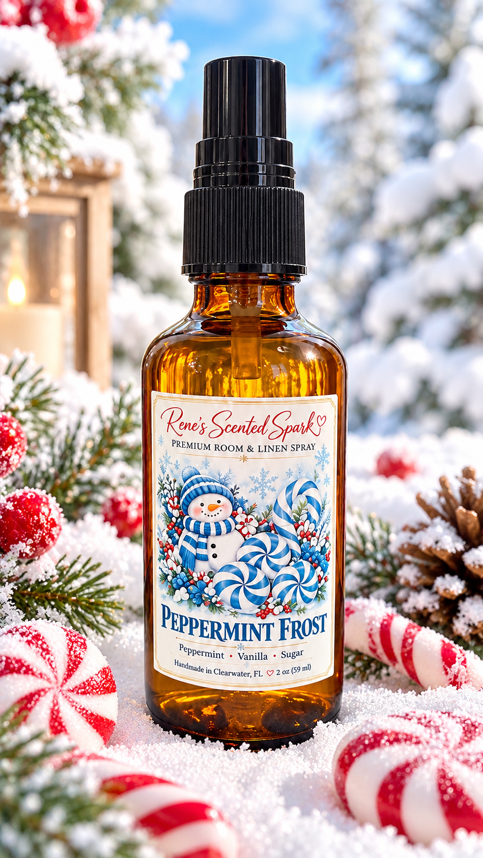 Peppermint Frost peppermint, vanilla and sugar room spray in a snowy winter scene with peppermint candies and pinecones