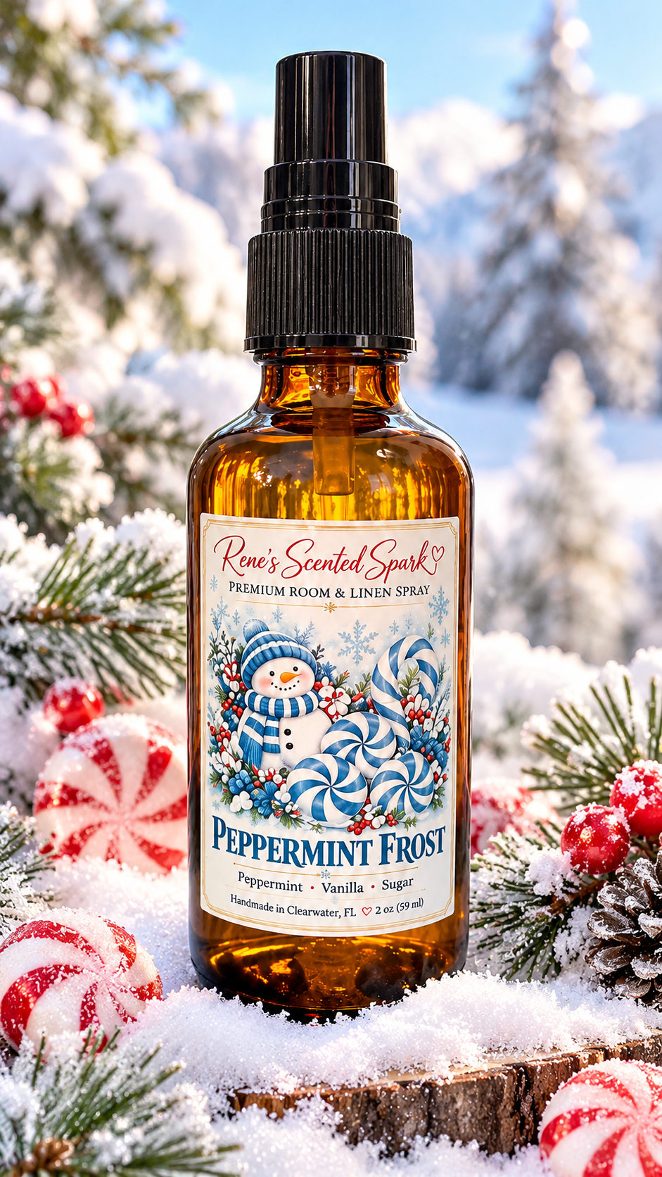 Peppermint Frost 2 oz holiday room spray in fresh snow surrounded by red and white peppermint swirls and snowy pine trees, handmade in Clearwater FL