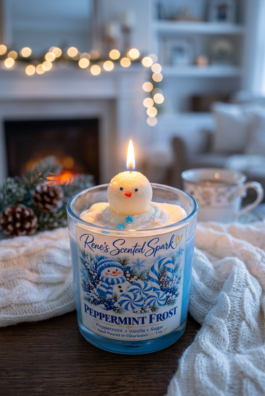 Lit Peppermint Frost snowman candle in a cozy living room with fireplace and twinkle lights