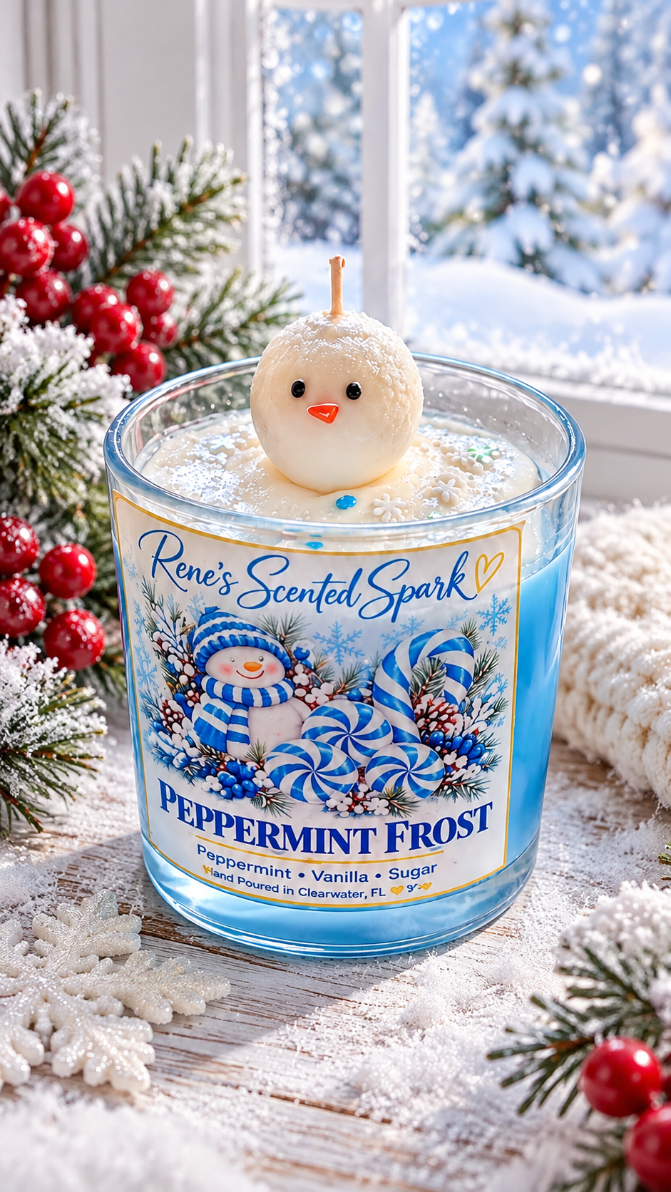 Peppermint Frost snowman Christmas candle in icy blue coconut wax by a snowy window with red berries and pine