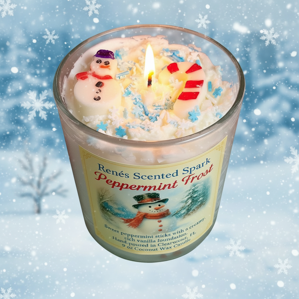 Candle labeled 'Renes Scented Spark Peppermint Frost' with snowman decoration against a snowy background