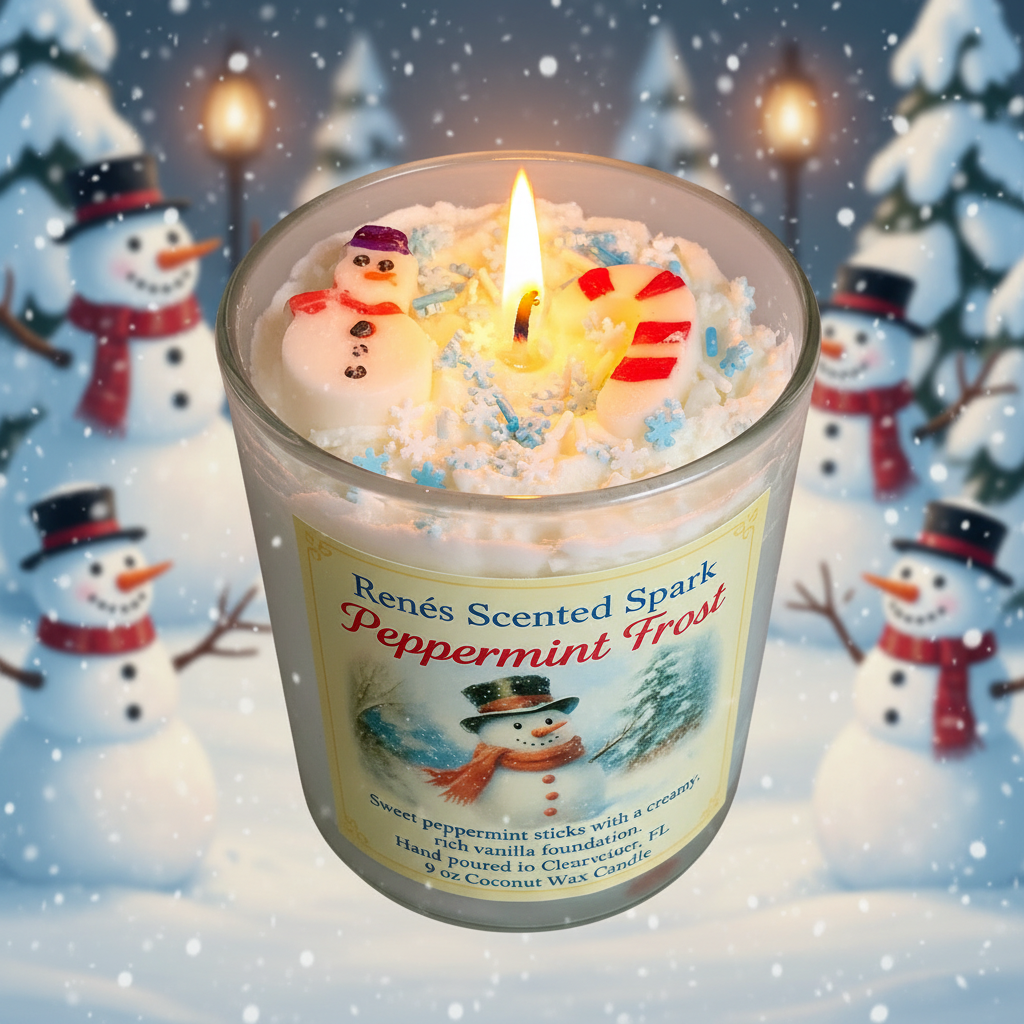 Candle in a glass jar labeled 'Renes Scented Spark Peppermint Frost' with snowmen and Christmas trees in the background.