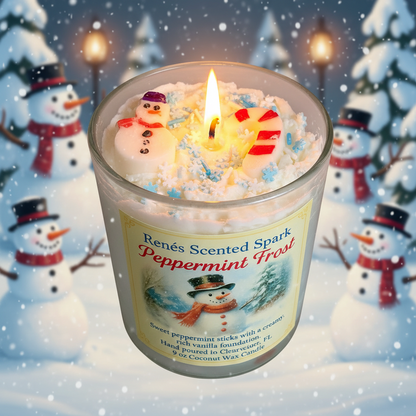 Candle in a glass jar labeled 'Renes Scented Spark Peppermint Frost' with snowmen and Christmas trees in the background.