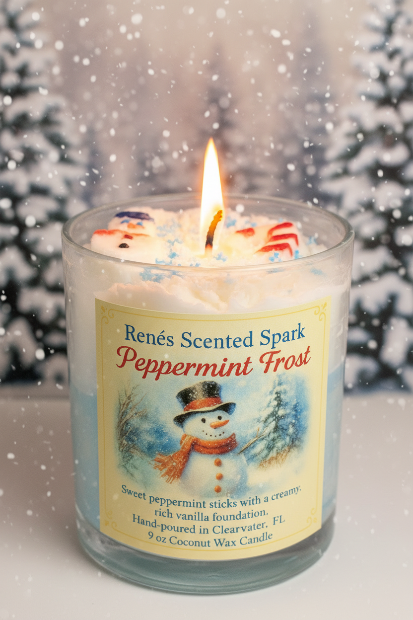 Candle labeled 'Renes Scented Spark Peppermint Frost' with a snowman design on a snowy background.