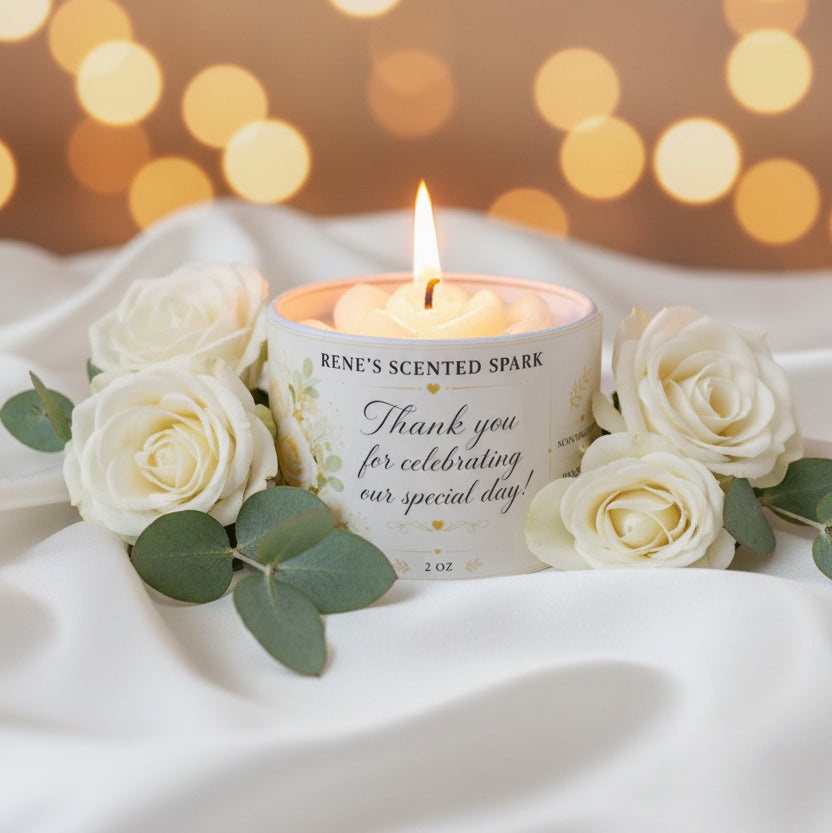 Hand-poured wedding favor candle surrounded by white roses and greenery, featuring a thank-you label for celebrating a special day