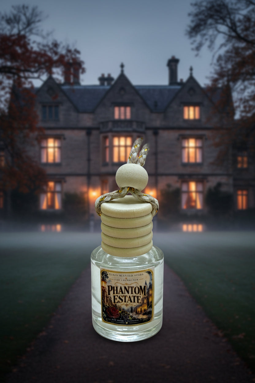 Phantom Estate hanging car freshener displayed in front of a misty old manor at dusk with glowing windows and dark autumn trees.