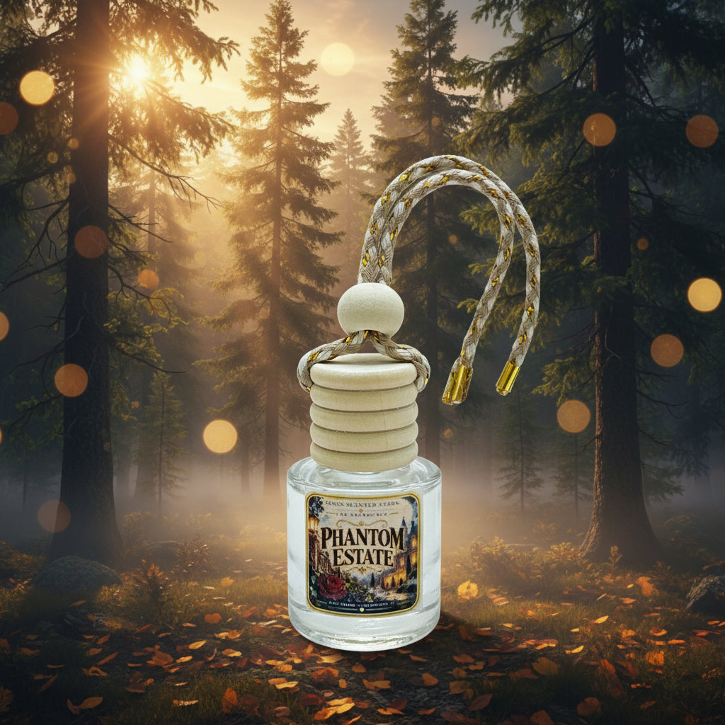 Phantom Estate hanging car freshener displayed in a misty evergreen forest with golden sunlight and autumn leaves.