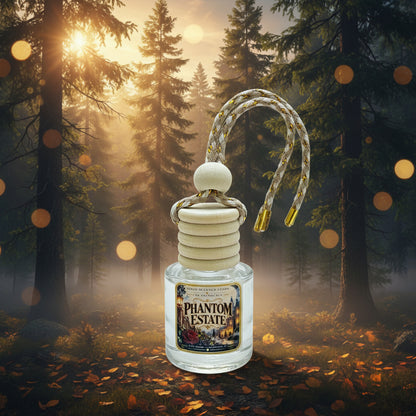 Phantom Estate hanging car freshener displayed in a misty evergreen forest with golden sunlight and autumn leaves.