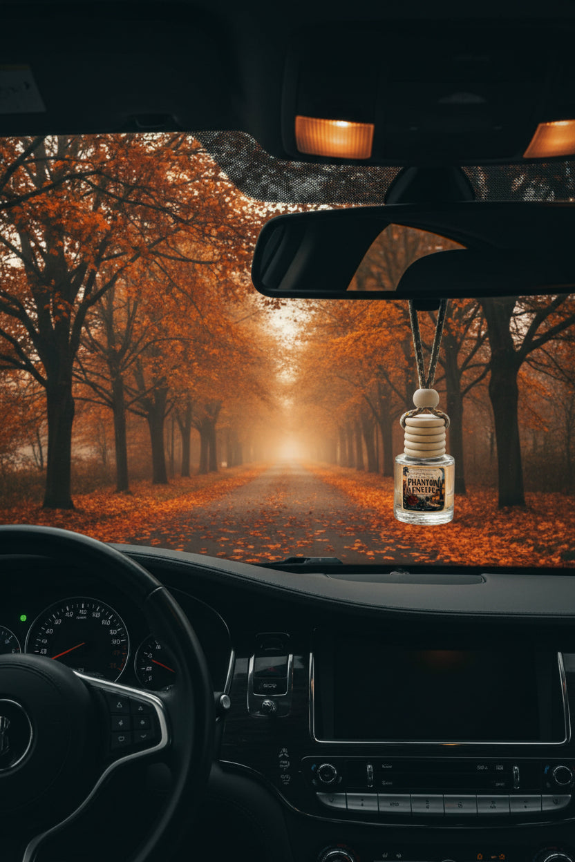 Phantom Estate hanging car freshener displayed from a rearview mirror overlooking a misty autumn road lined with orange-leaved trees.