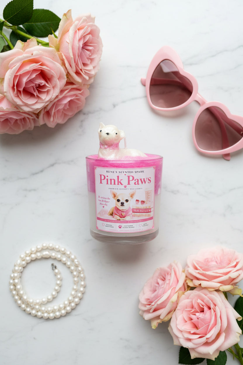 Pink Paws candle with cream dog topper on pink glitter wax with pink roses and pink heart sunglasses on white marble