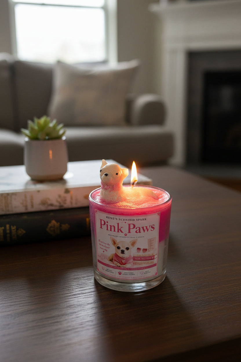Pink Paws Chihuahua candle with lit cream dog topper on pink glitter whipped wax on dark wood surface warm light