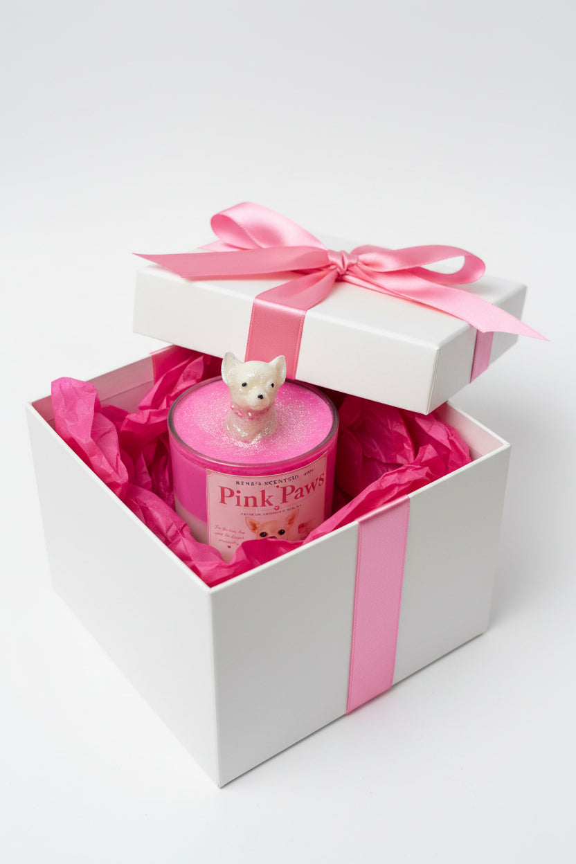 Pink Paws Chihuahua candle in open white gift box with hot pink ribbon and tissue paper luxury gift presentation