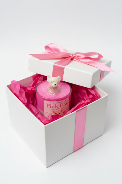 Pink Paws Chihuahua candle in open white gift box with hot pink ribbon and tissue paper luxury gift presentation