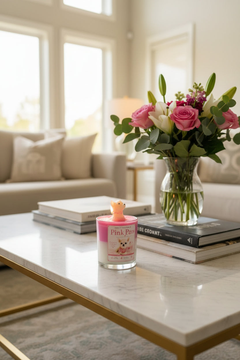 Pink Paws candle with cream Chihuahua wax topper on pink glitter wax on marble coffee table in bright living room