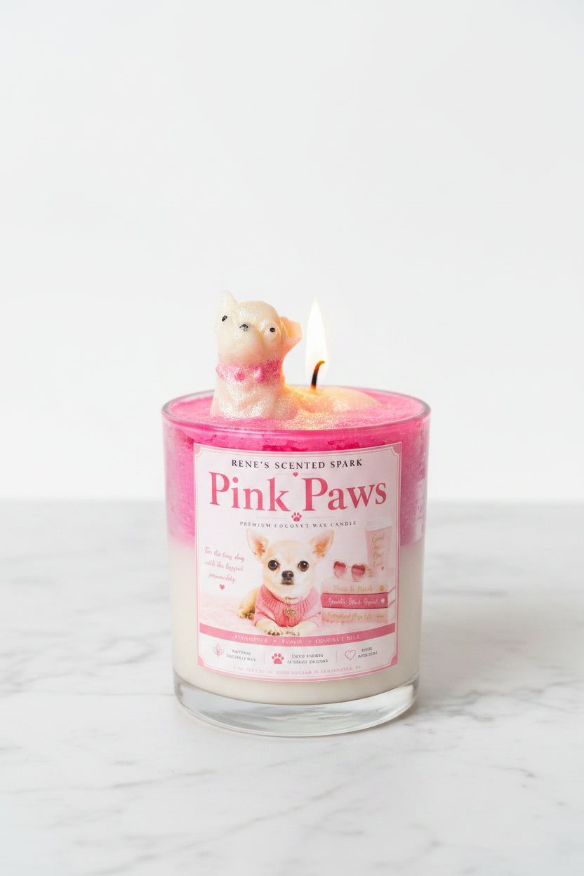  Pink Paws Chihuahua candle with white wax base and pink glitter top on white marble surface in bright natural light