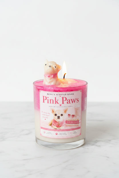  Pink Paws Chihuahua candle with white wax base and pink glitter top on white marble surface in bright natural light