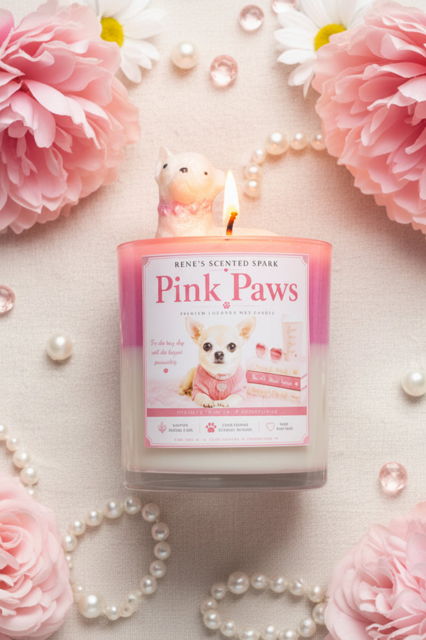 Pink Paws candle with cream Chihuahua topper on pink glitter wax flat lay with pearl necklace and pink flowers 