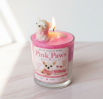 Pink Paws Chihuahua candle in clear glass jar with white wax base and pink glitter whipped wax with cream dog topper