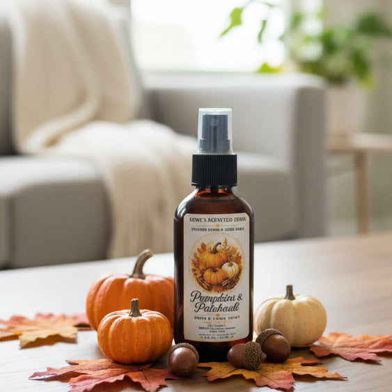 Pumpkins & Patchouli room spray by Rene’s Scented Spark in an amber spray bottle, surrounded by orange and white pumpkins, acorns, and colorful autumn leaves on a cozy fall table.