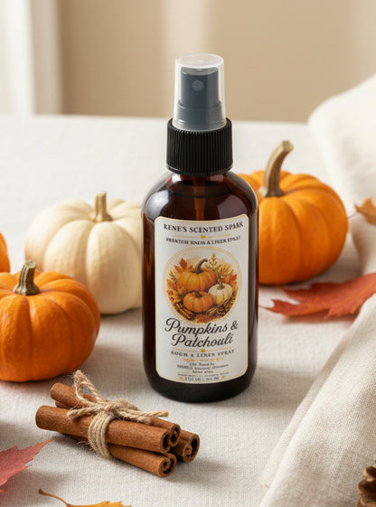 Pumpkins & Patchouli room spray by Rene’s Scented Spark in an amber spray bottle, styled with orange and white pumpkins, cinnamon sticks, and autumn leaves.
