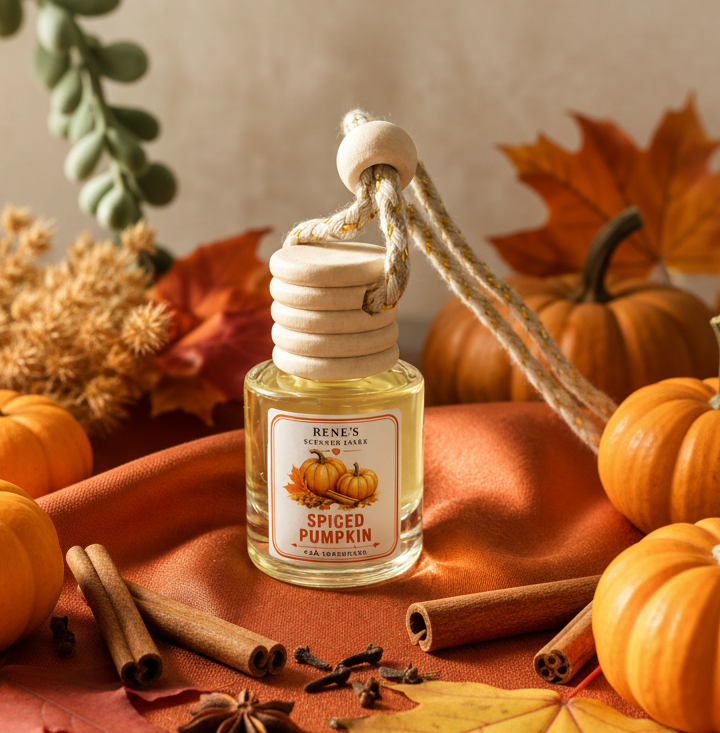 Spiced Pumpkin hanging car freshener by Renes Scented Spark styled with pumpkins, cinnamon sticks, autumn leaves and warm fall decor.